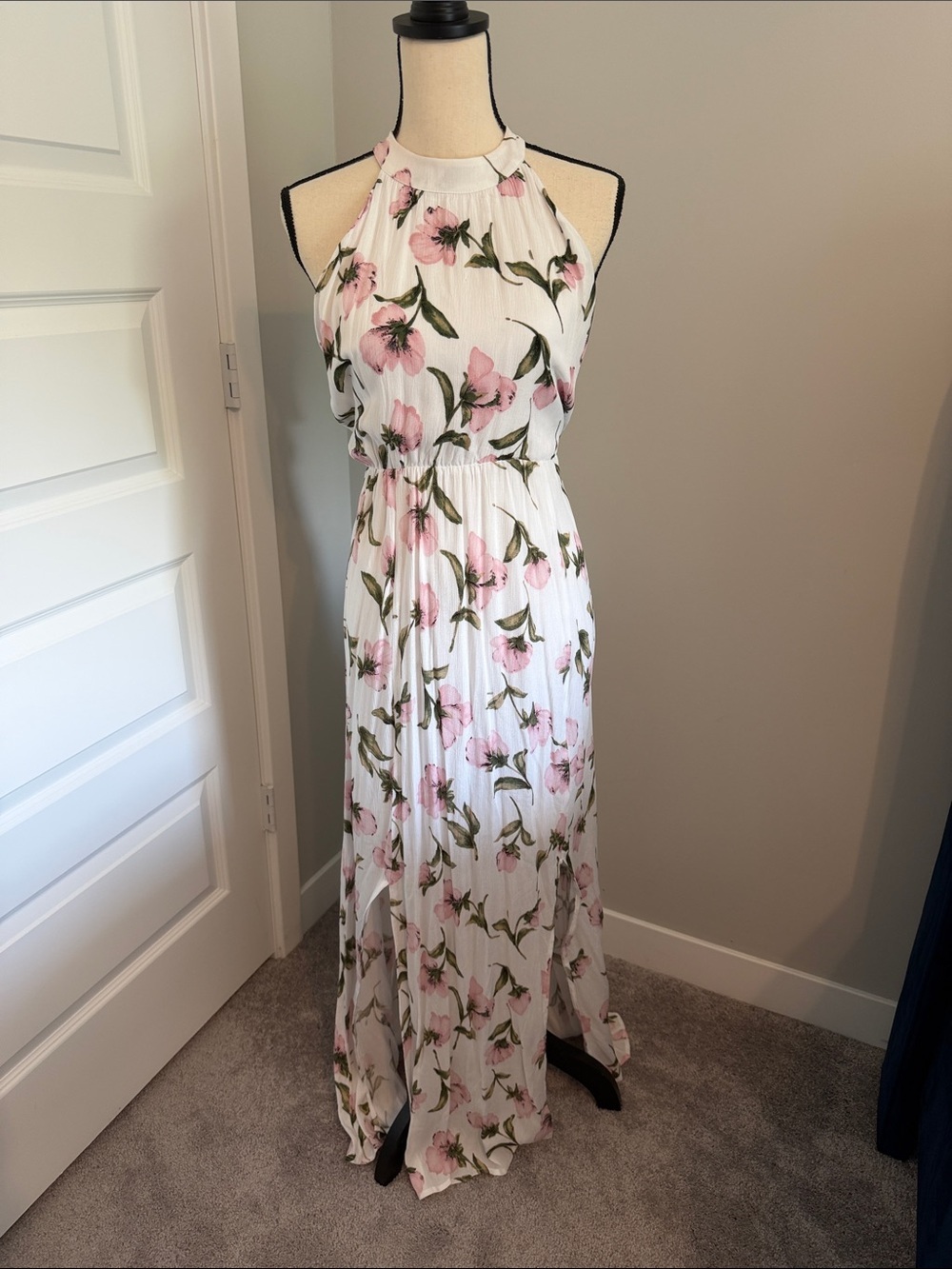 Halter-Neck White Maxi Dress with Pink Floral Print NWOT